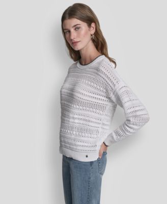 Women's Crew Neck Long-Sleeve Tipped Pointelle Sweater