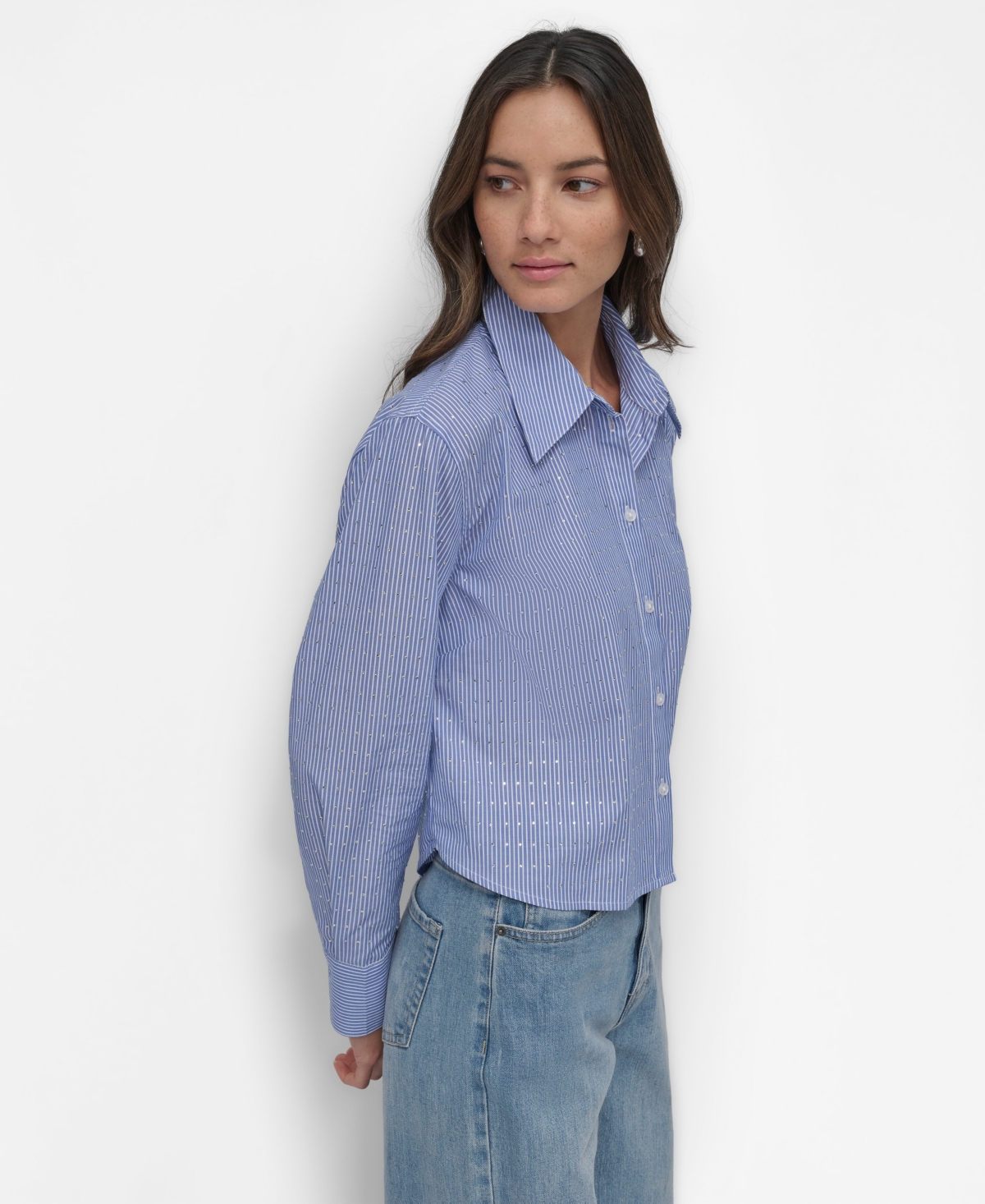 Dkny Jeans Women's Striped Poplin Studded Rhinestone Cotton Long-Sleeve Button-Front Shirt