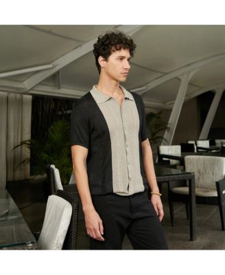 Men's Sand Beige & Onyx Black Block-Knit Slim-Fit Shirt