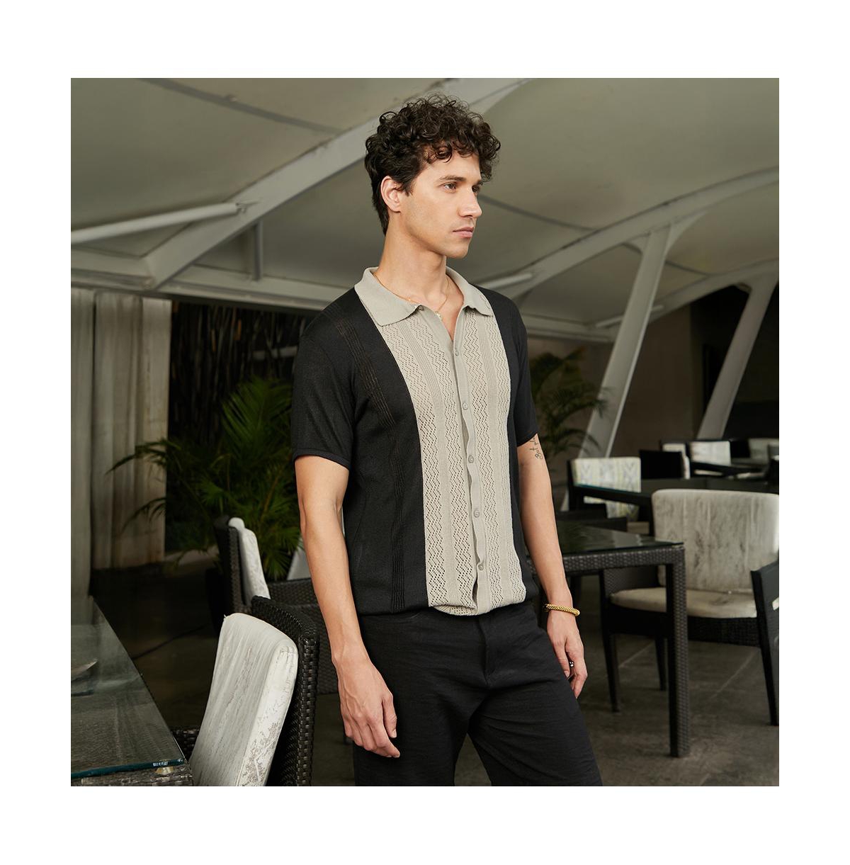 Campus Sutra Men's Sand Beige & Onyx Black Block-Knit Slim-Fit Shirt