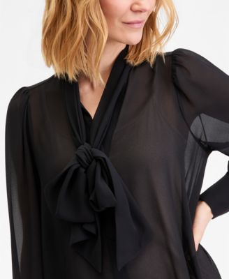 Women's Long Sleeve Bow-Neck Chiffon Tunic