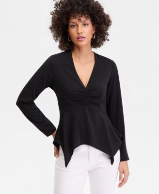 Women's Ruched Long-Sleeve Asymmetrical-Hem Top