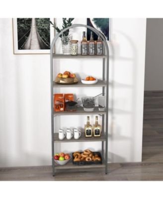 Bookshelf 5 Tier Bookcase Arched Display Racks Tall Standing Bookshelves Metal Frame Farmhouse Storage Rack Shelf Grey