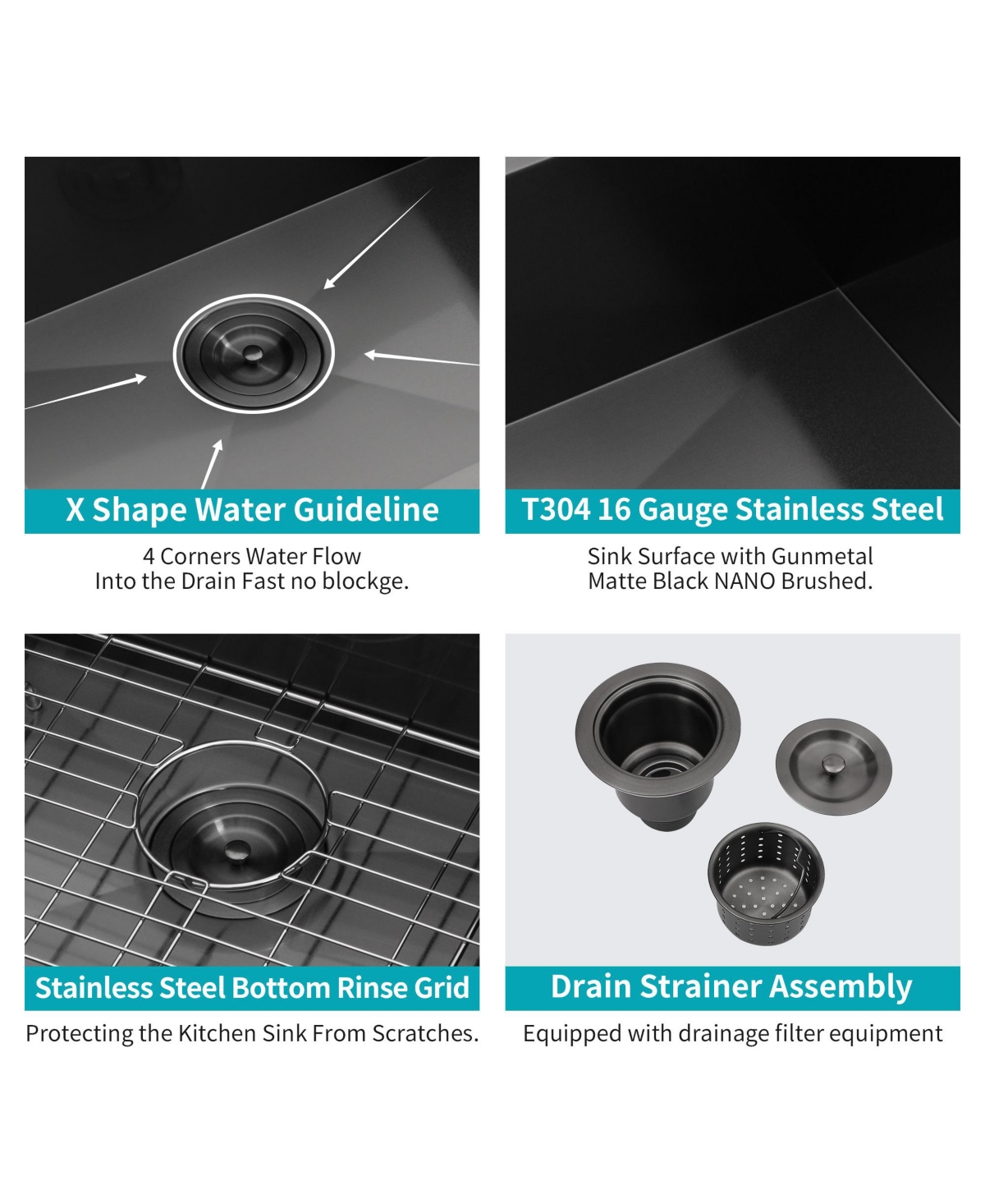 flynama 28x18x9inch Gunmetal Stainless Steel Single Bowl 16 Gauge Undermount Kitchen Sink