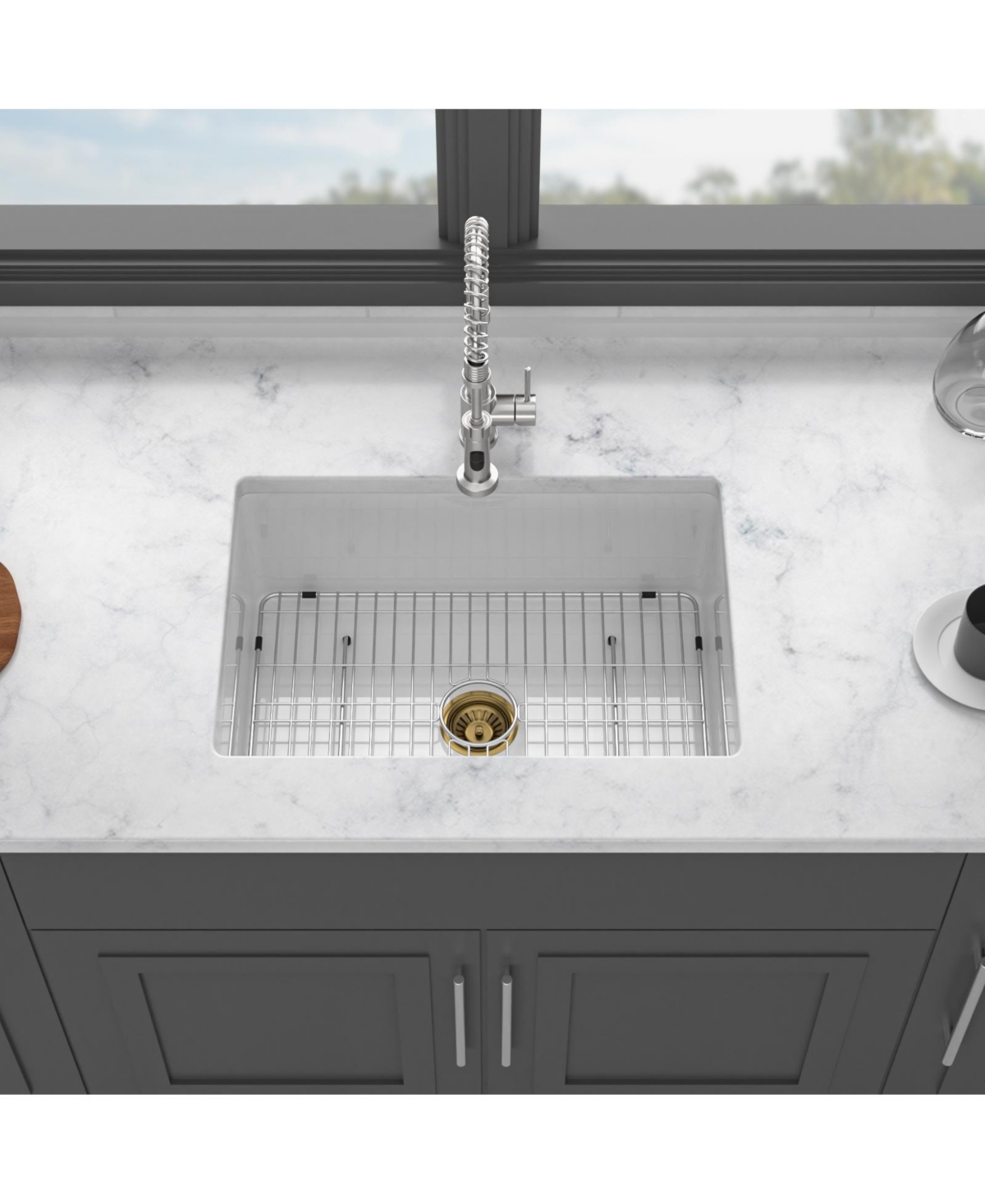 Flynama 27x19x10inch Dual Mount White Porcelain Fireclay Undermount Single Bowl Deep Rectangular Kitchen Sink