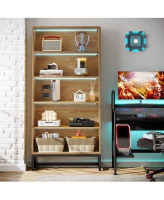 70.8" Tall Bookcase and Bookshelf with LED Lights, Free-Standing Library Bookshelf with 5-Tier Storage Shelves