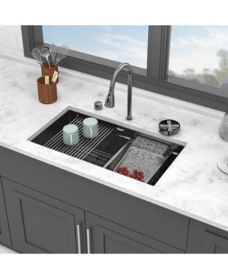 33x16.72x10inch Undermount Gunmetal Black Waterfall Kitchen Sink Stainless Steel Workstation