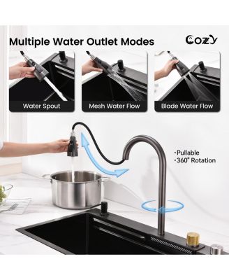 30x22inch Black Waterfall Kitchen Sink Stainless Steel Single Bowl Workstation SSBL12 with Flying rain Faucet Cutting Board