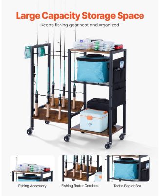 Fishing Rod Holder, 12-Rod Mobile Pole Rack Cart with Wheels for Garage or Home Fishing Gear Storage