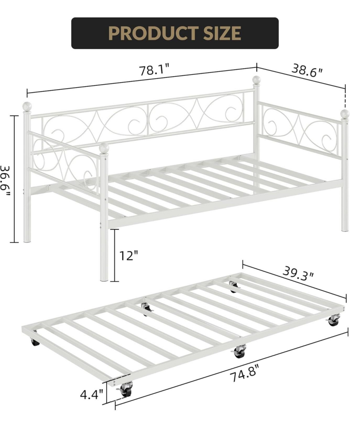 gaomon Twin Metal Daybed Frame with Floral Headboard, Steel Slats, Space-Saving for Living Room/Guest Room