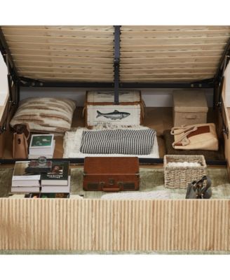 Queen Size Lift-Up Storage Bed Frame with Hydraulic System, Wooden Corrugated Curved Lines.