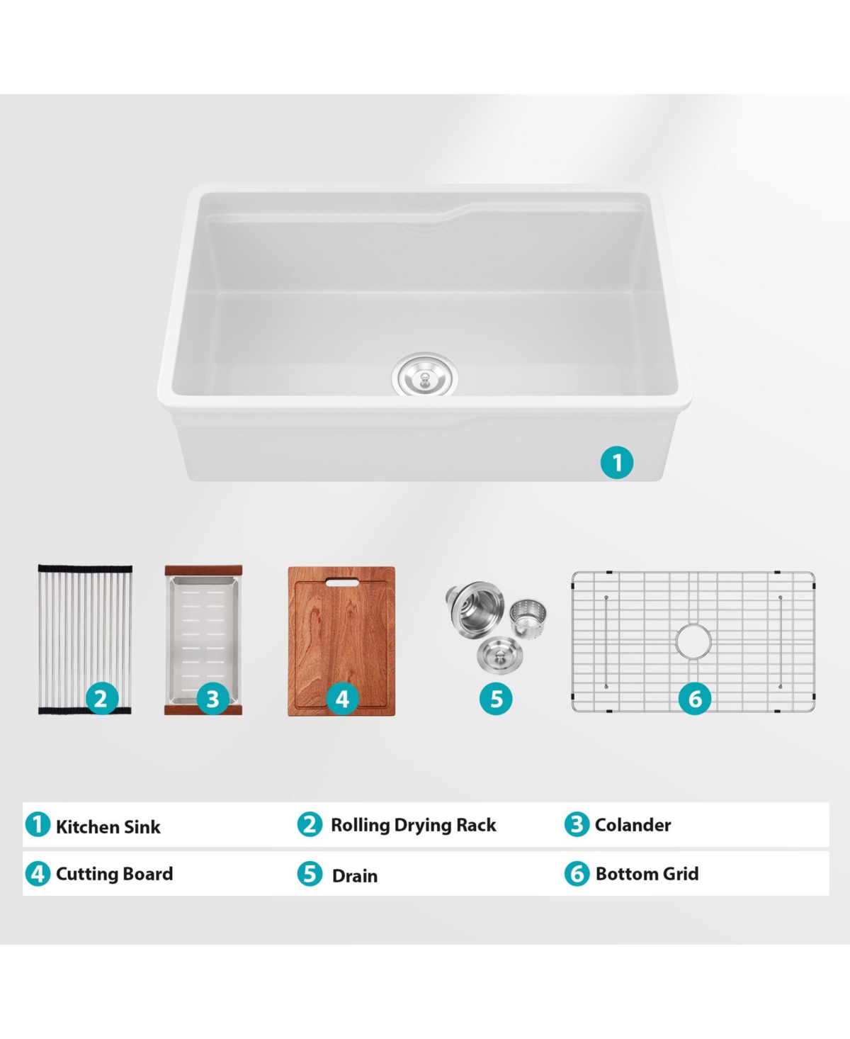 flynama Undermount Workstation Single Bowl Porcelain Fireclay Kitchen Sink Dual Mount White Rectangular Deep Basin