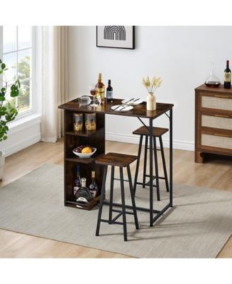 Bar Table and 2 Chairs Set, 3 Piece Dining Table Set with 3 Tier Storage Shelves, Wood Counter Height Bar Table and Stools Set