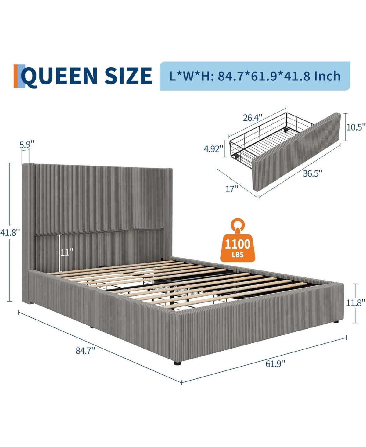 gaomon Upholstered Platform Bed Frame with Storage Drawers, Corduroy Wingback with Tufted Headboard and Footboard