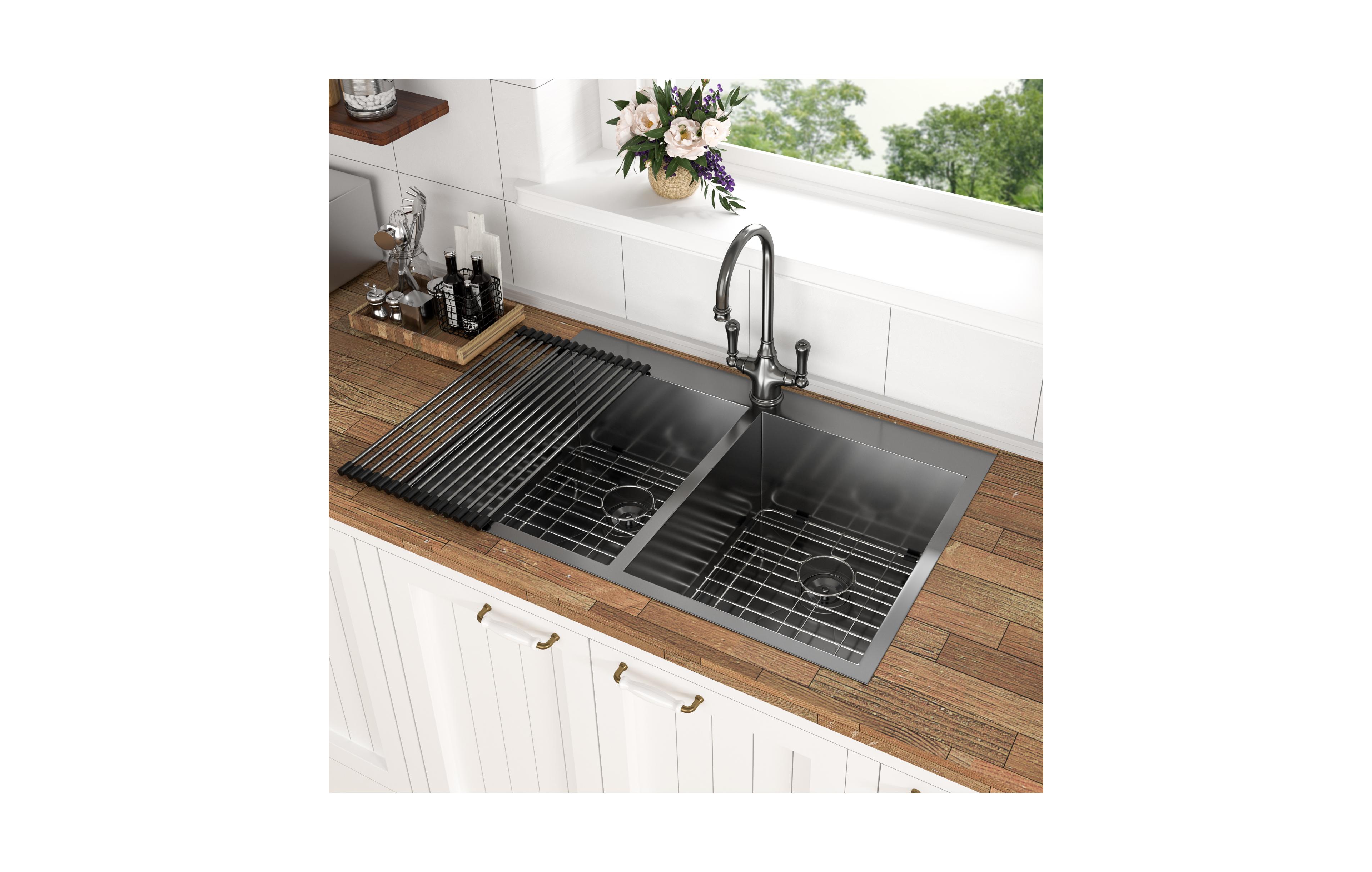 flynama Undermount Kitchen Sink Gunmetal 16G T304 Stainless Steel Ledge Workstation with Full Accessories Nano Plating