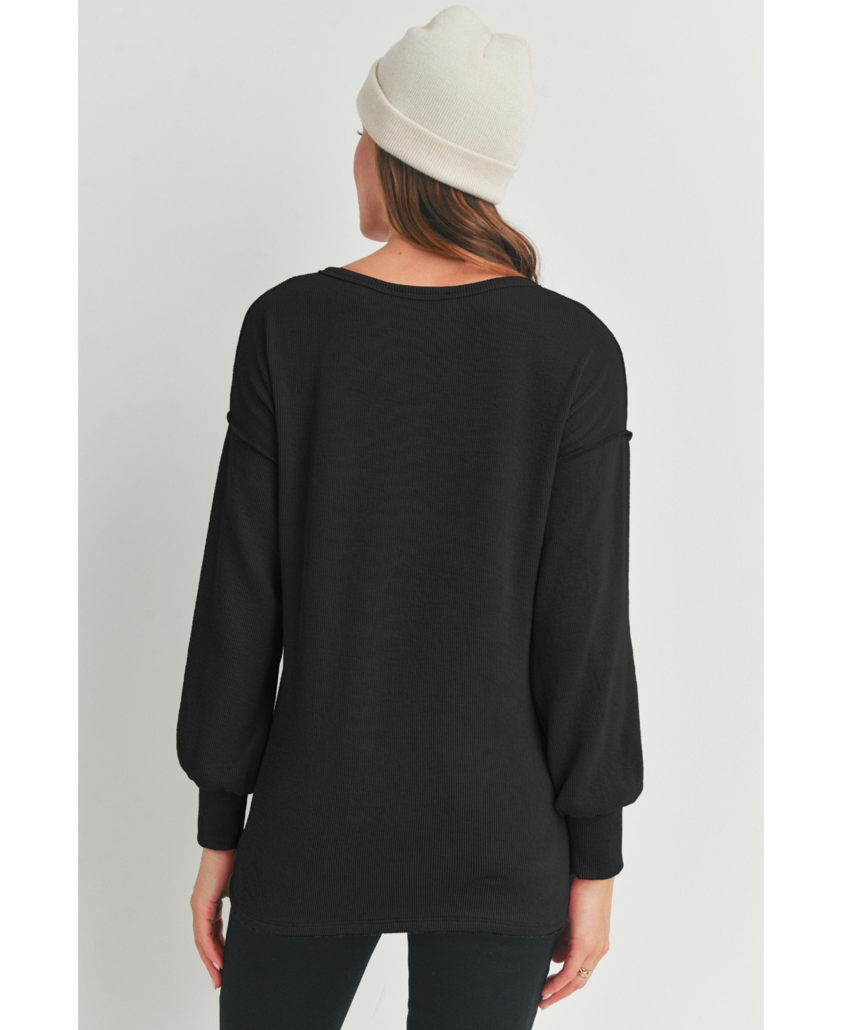 Hello Miz Maternity Ribbed Split Neck Long Sleeve Top