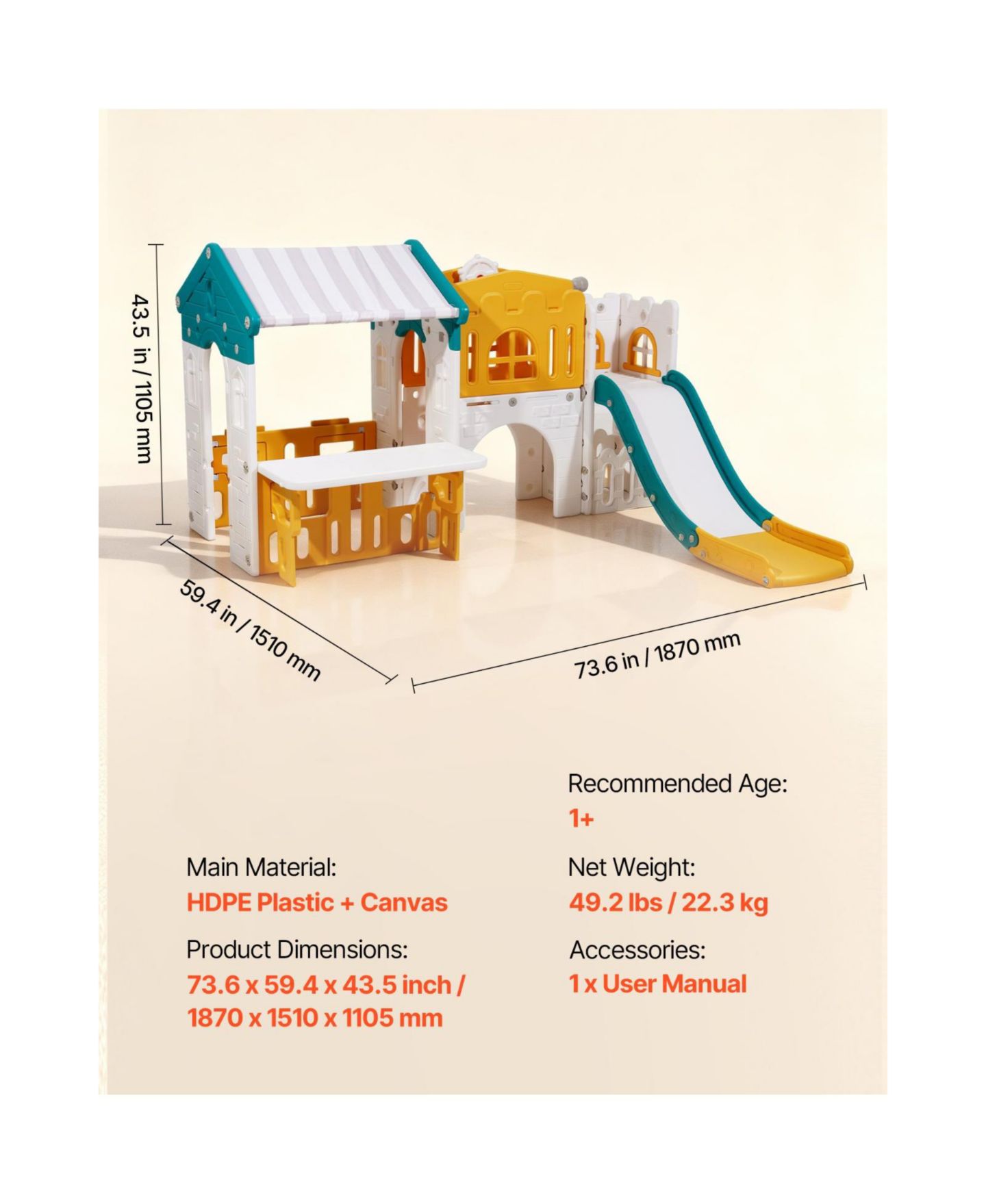 Детский игровой набор Slickblue Hdpe Toddler Playset with Slide, Basketball Hoop & Telescope, 73.6"L x 59.4"W x 43.5"H, Ages 1-3, цвет: Белый / Жёлтый — фото 5