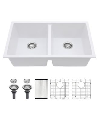 33x19x10.33inch White Quartz Composite Kitchen Sink Double Bowl Undermount