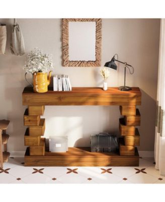 Geometric Block Stacked Wood Console Table with Warm Natural Finish, Entryway Table