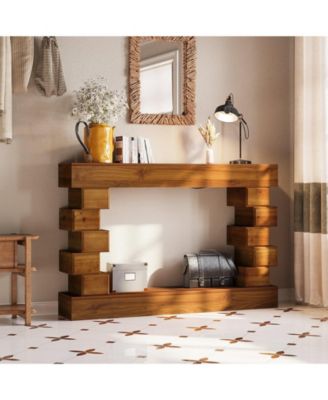 Geometric Block Stacked Wood Console Table with Warm Natural Finish, Entryway Table
