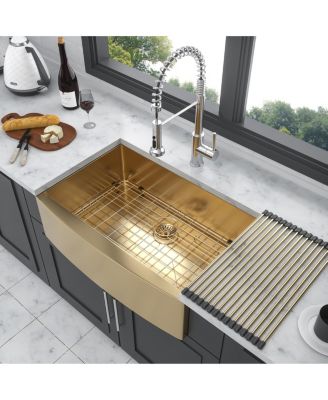 36x21x10 Inch Gold Farmhouse Apron Front Kitchen Sink 16 Gauge T304 Stainless Steel With Dish Grid Drain Assembly Drying Rack
