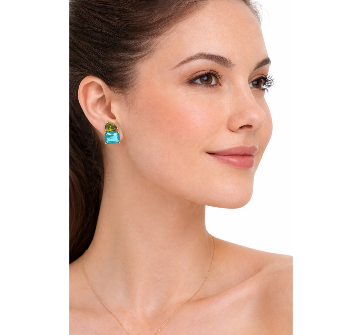 Rivka Friedman Pear + Princess Apple Green and Blue Cz Stud Earring