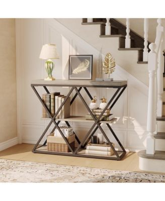 Industrial 3-Tier Entryway Table with X-Shaped Metal- Warm Rustic Vintage Wood Tone, Double X Metal Frames with 2 Shelves, Versatile for Living