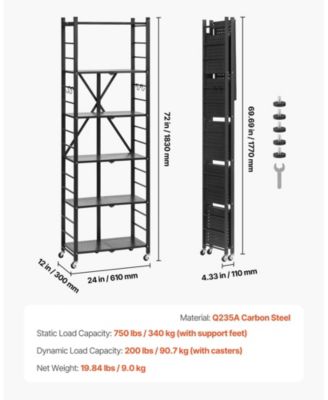 6-Tier Foldable Storage Shelf, No-Assembly Metal Rack w/ Wheels & Hooks
