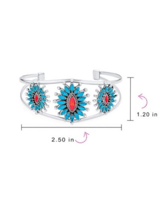 Western Navajo Style Red Blue Turquoise Conoch Flower Blossom Wide Cuff Bracelet .925 Sterling Silver