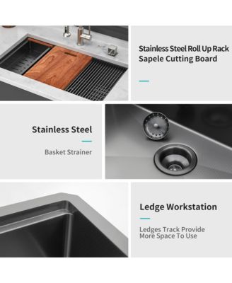 33inch Undermount Kitchen Sink Gunmetal Black 16G T304 Stainless Steel Ledge Workstation 33x19x9inch with Full Accessories Nano Plating