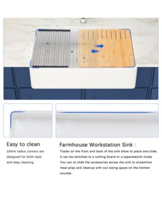 33x20 Inch Fireclay Workstation Farmhouse Kitchen Sink Single Bowl With Accessories Sound Dampening Heat Stain Scratch Rust Resistant