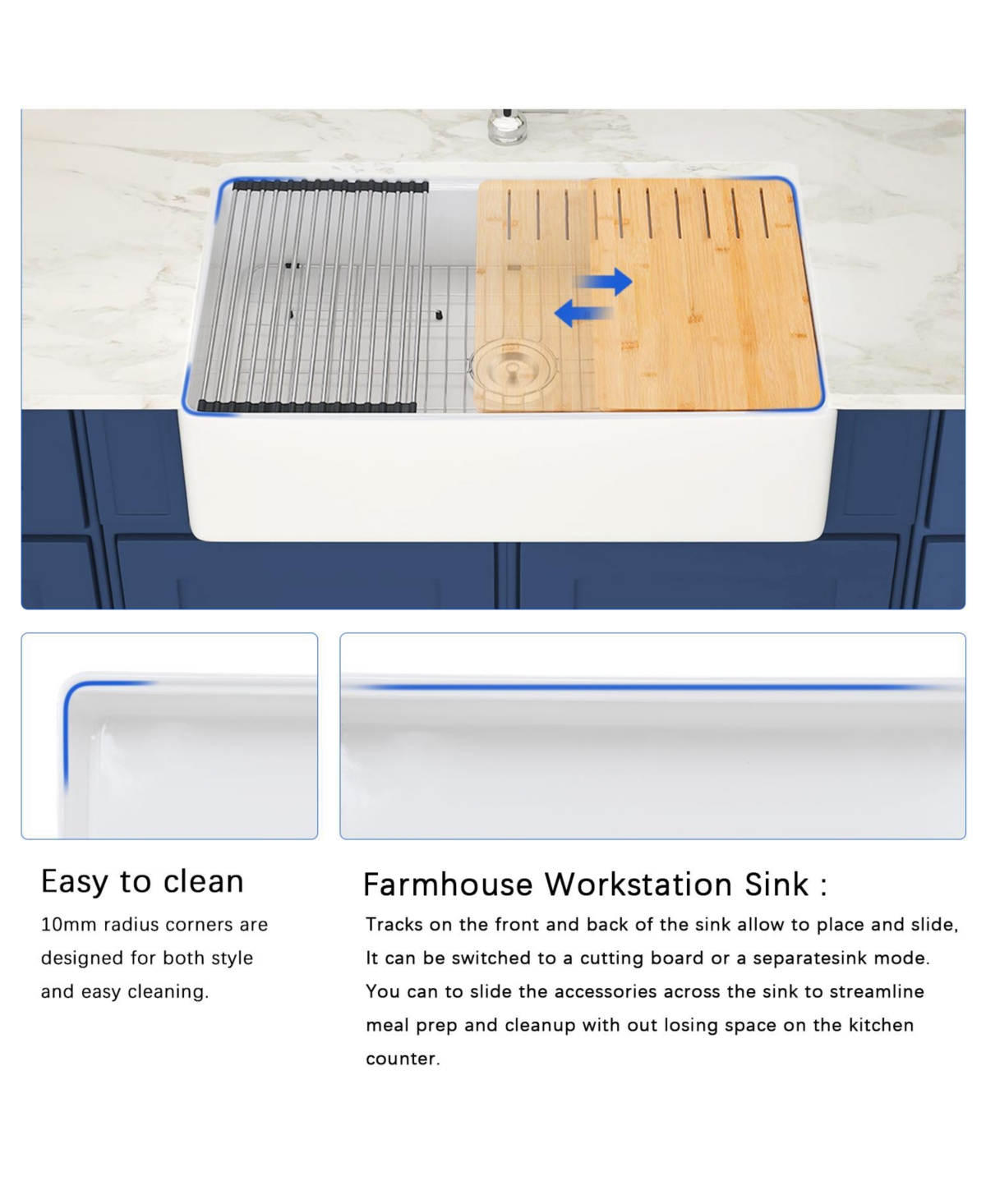flynama 33x20 Inch Fireclay Workstation Farmhouse Kitchen Sink Single Bowl With Accessories Sound Dampening Heat Stain Scratch Rust Resistant