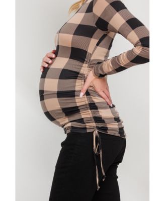Maternity Plaid Side Ruched Long Sleeve Top