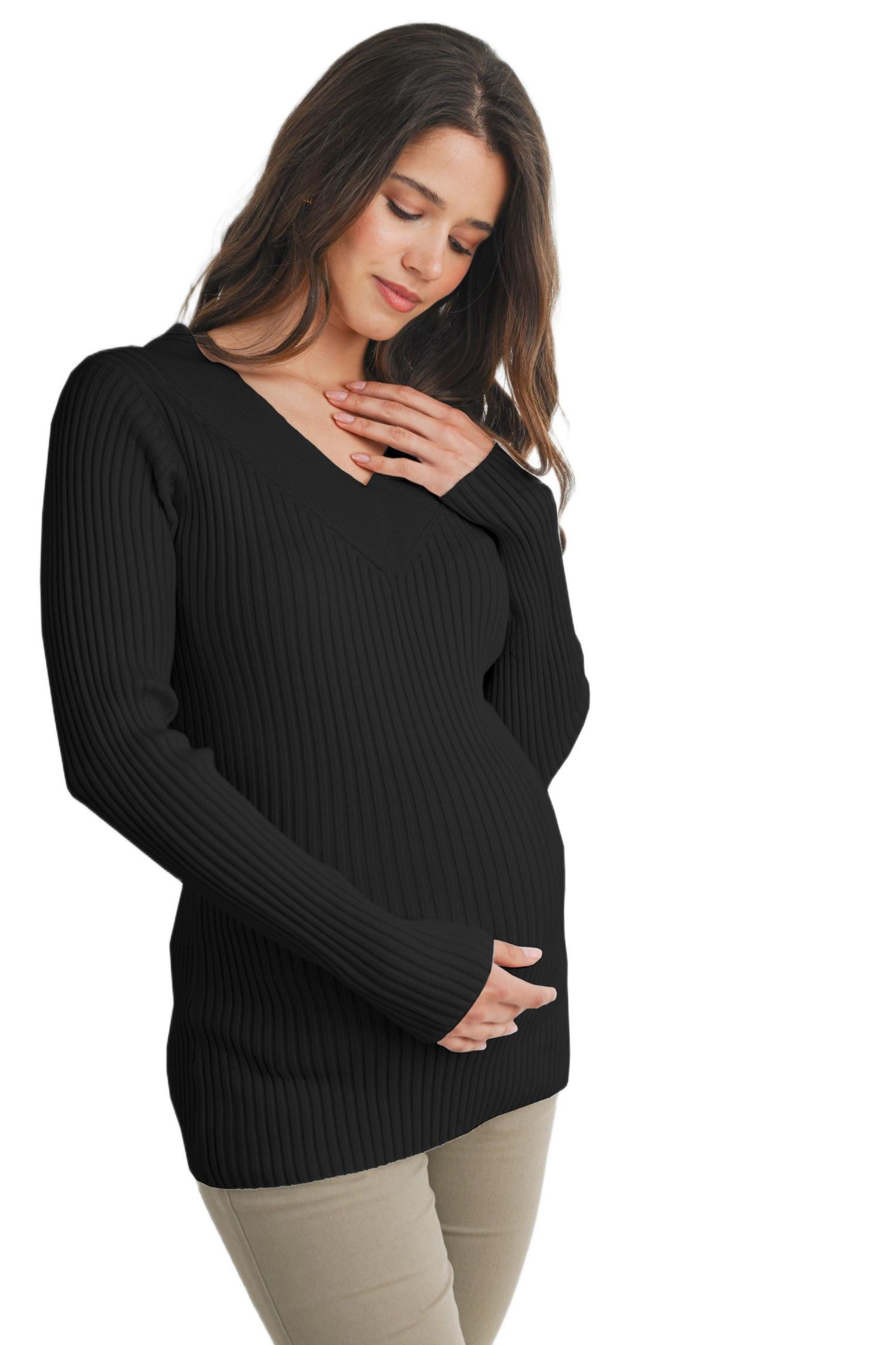 Maternity Ribbed Knit V Neck Long Sleeve Sweater