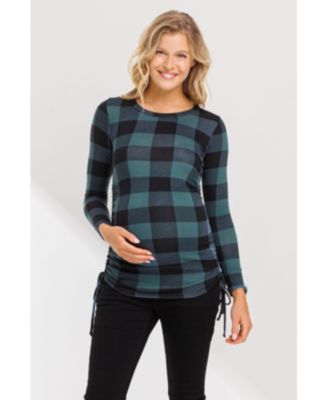 Maternity Plaid Side Ruched Long Sleeve Top