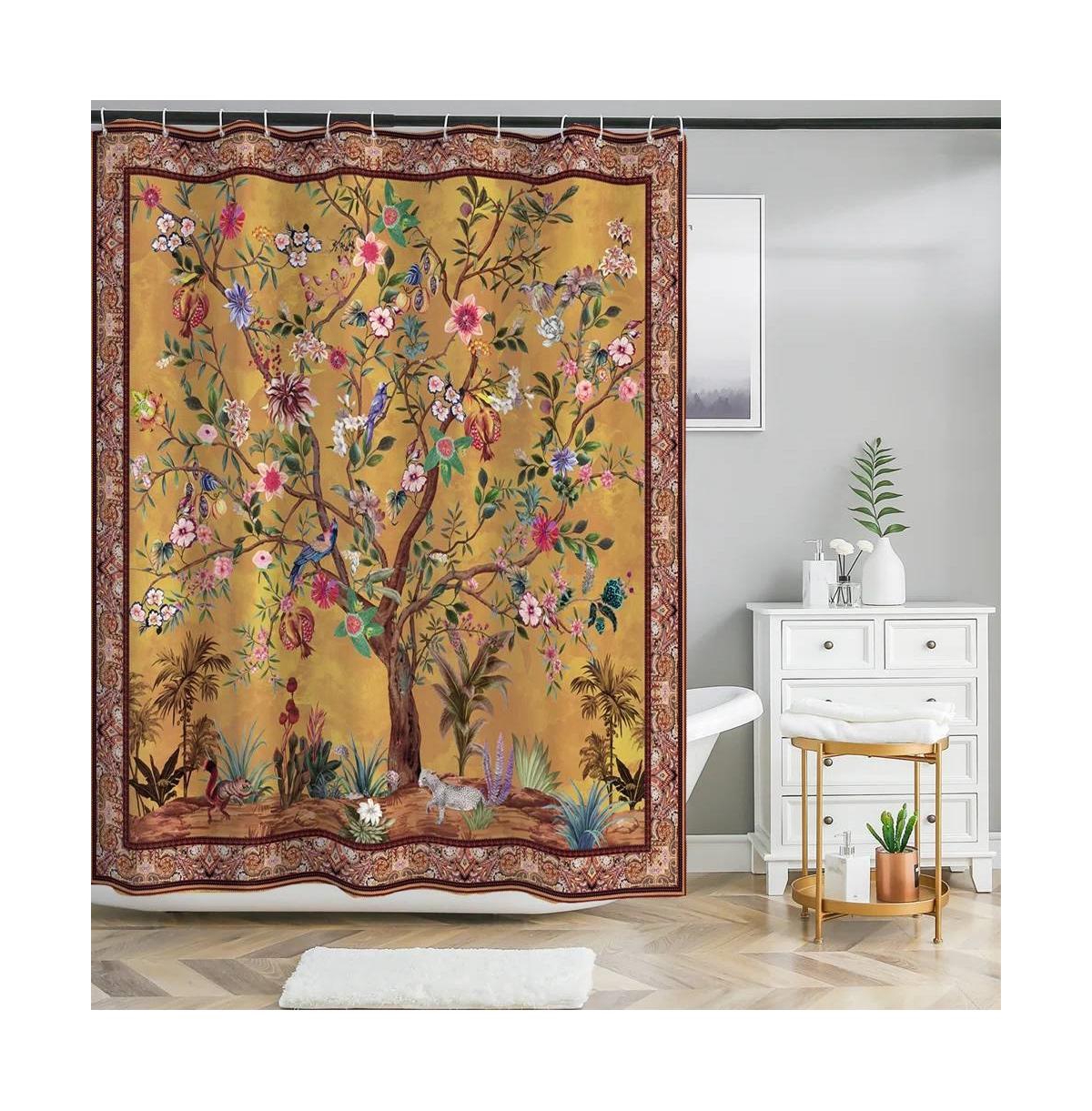 Slickblue 72-inch Brown Red Orange Green Floral Tree Birds Plants Flowers Shower Curtain