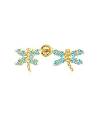 Tiny Aquamarine Cubic Zirconia CZ Butterfly Stud Earrings 14K Gold Screw-back