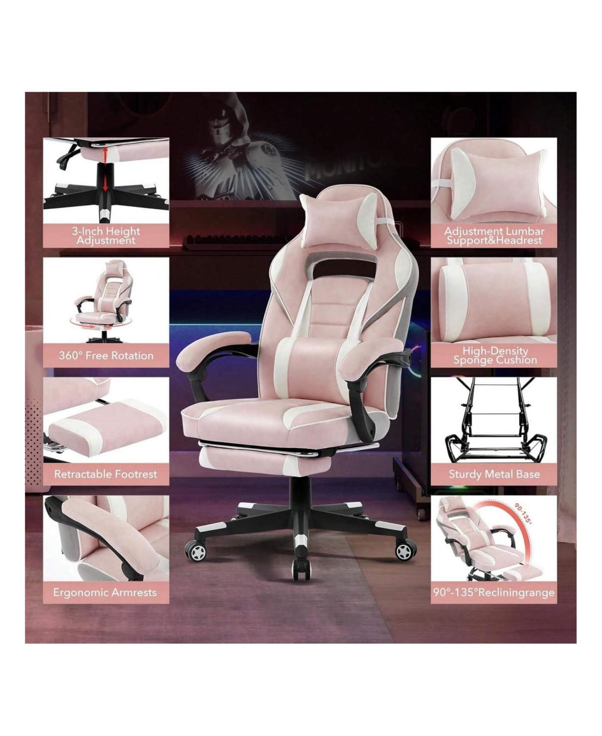 Gaomon Video Gaming Chair With Massage Lumbar Support And Footrest Height Adjustable Big And 50.3inch Tall Ergonomic Pu Leather