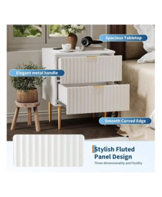 Modern Nightstand With 2 Drawers Golden And Wood Fluted Night Stand With Charging Station Bedside Table With USB Ports