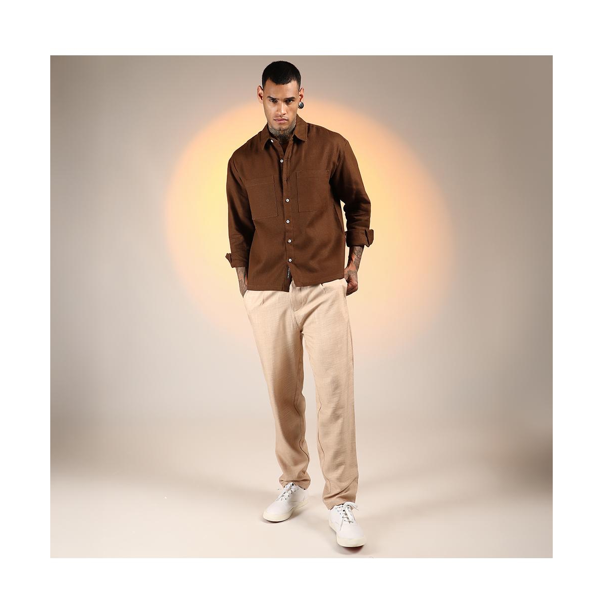 Campus Sutra Men's Chocolate Brown Solid Canvas Utility Shirt
