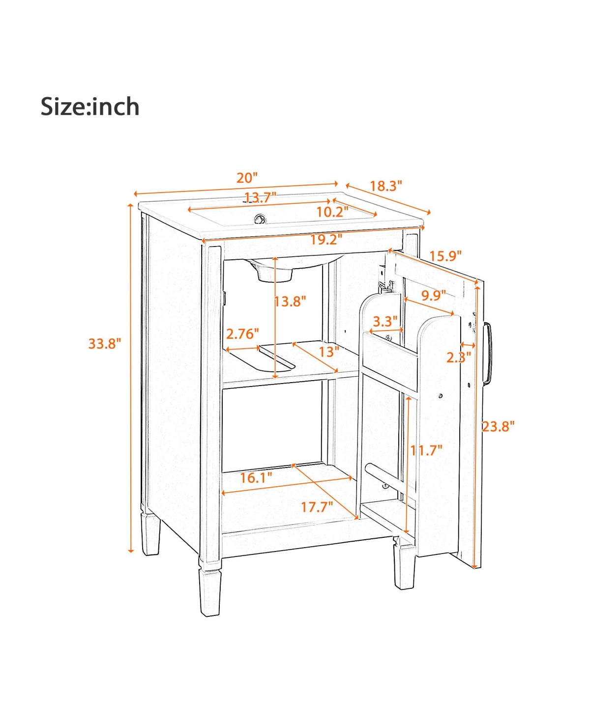 Cesicia 20 in. Modern Freestanding Bathroom Vanity with Ceramic Sink, Soft Close Door, Adjustable U-Shaped Shelf, Door Storage Rack