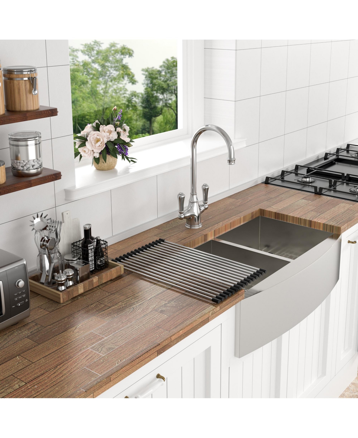 Flynama 36" x 20" x 9" Double Bowl Farmhouse Kitchen Sink, Stainless Steel, Apron Front, 16-Gauge, 50/50 Split