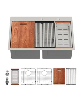 33x22x10inch Topmount Double Bowl Kitchen Sink 16 Gauge Stainless Steel Brushed Nickel