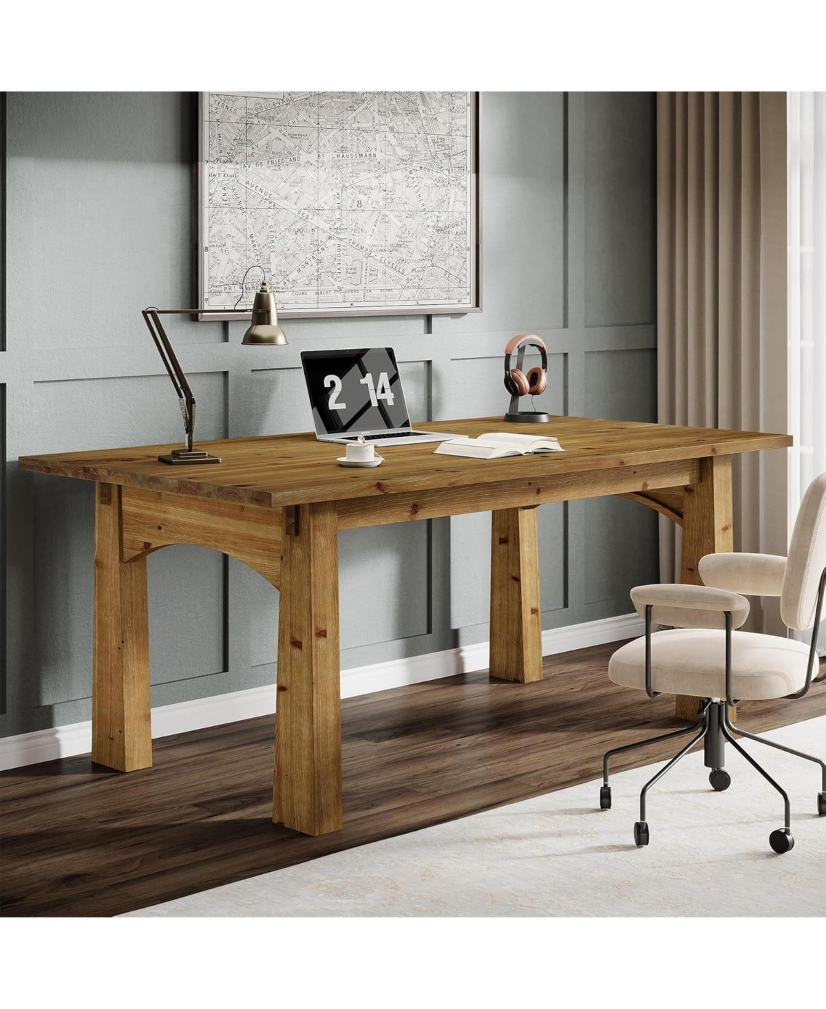 Tribesigns Solid Wood Executive Desk, 63-Inch Computer Desk with Sturdy Wooden Legs, Farmhouse Workstations Writing Table Conference Table