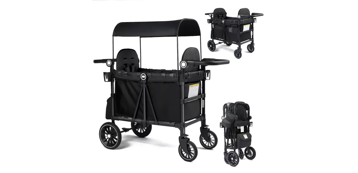 Baby All-Terrain Wagon Stroller for Two with Canopy, Snack Tray and Shock-Absorbing Wheels
