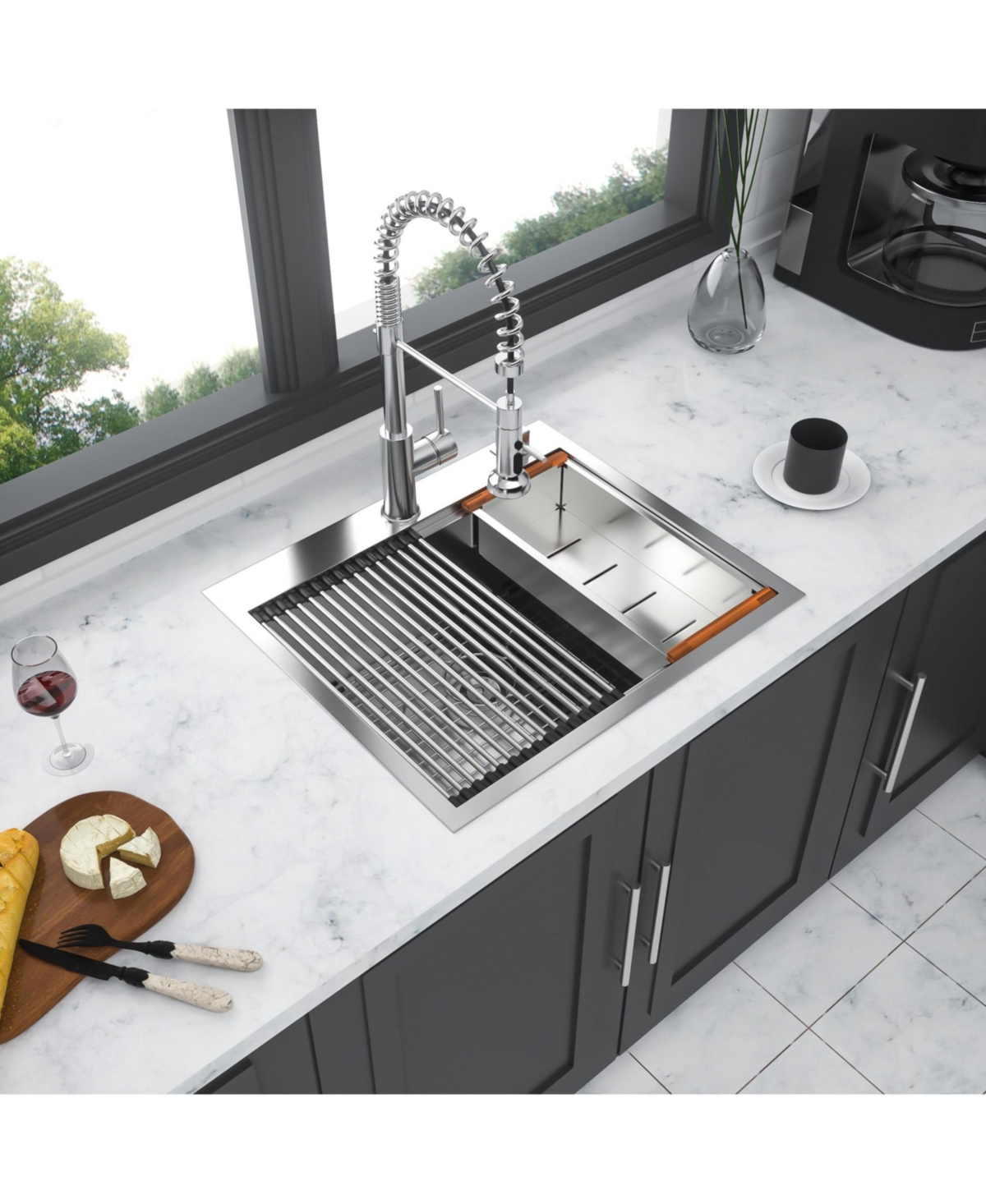 flynamab25x22x10 Inch Drop In Topmount Workstation Kitchen Sink 16 Gauge T304 Stainless Steel Single Bowl With Cutting Board Colander