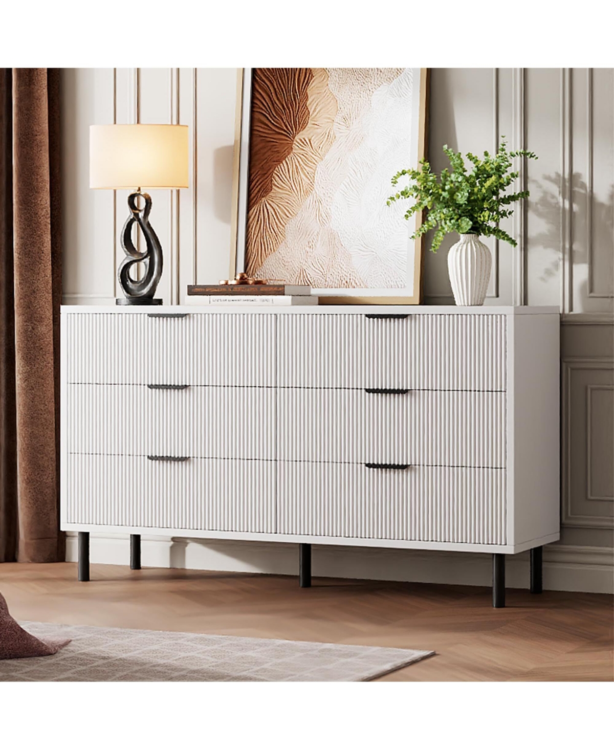 Gaomon Modern Fluted 6 Drawer Dresser for Bedroom, Wide Chest of Drawers with Metal Handles and Legs