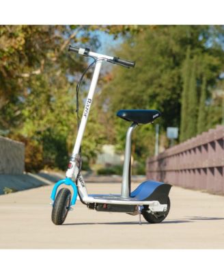 E300S Seated Electric Scooter for Kids, Pneumatic Tires, Seat, White/Blue