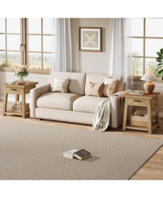 Farmhouse Square Side Table, 2 -Tier Wooden End Table with Drawer, Rustic Nightstands with Shelf Storage