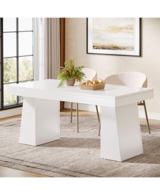 Dining Room Table for 4-6, 55-Inch Mid-Century Modern Dining Table with Double Pedstral, Rectangular Wood Kitchen Dinner Table